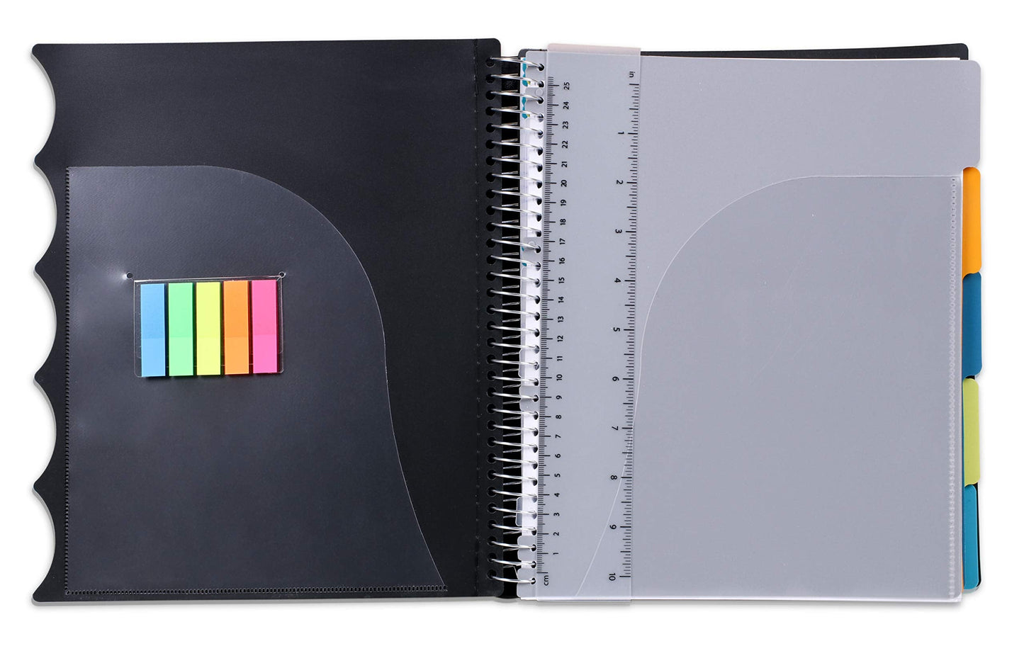 Mintra Office Durable PREMIUM Spiral Notebook, ((Black, 5 Subject, 8.5in x 11in)), Fabric Covered Coils, No Snags, Removable Adjustable Pocket Dividers, Ruler, Organization, Customizable