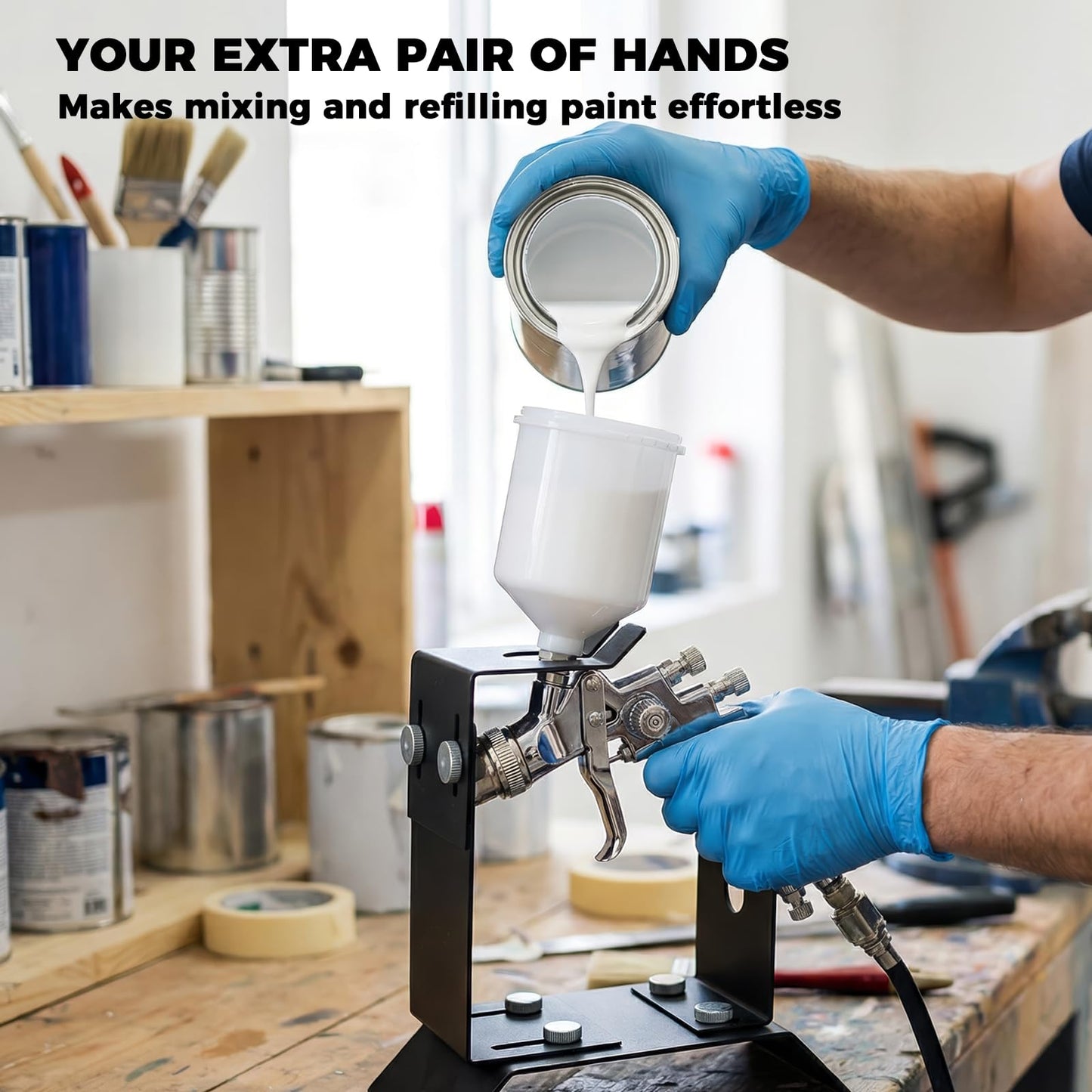 HUBEST Adjustable Spray Gun Holder Stand - Heavy Duty Benchtop Paint Gun Stand with Solid Base - Universal Gravity Feed HVLP Sprayer Holder for Auto Body Shop & DIY Painting Accessories