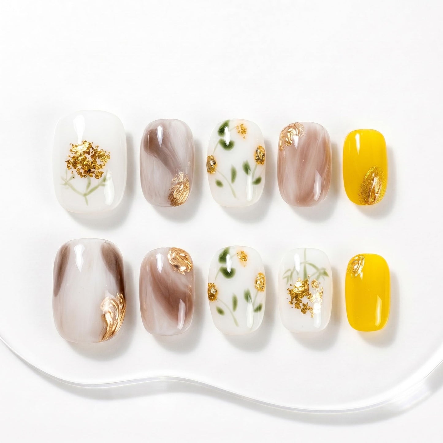 Sun&Beam Nails Handmade Press On Nail Short Round Hand-painted Golden Flowers Acrylic Fake Tip Design Art Charms Cute with Storage Box 10 Pcs (#005 M)