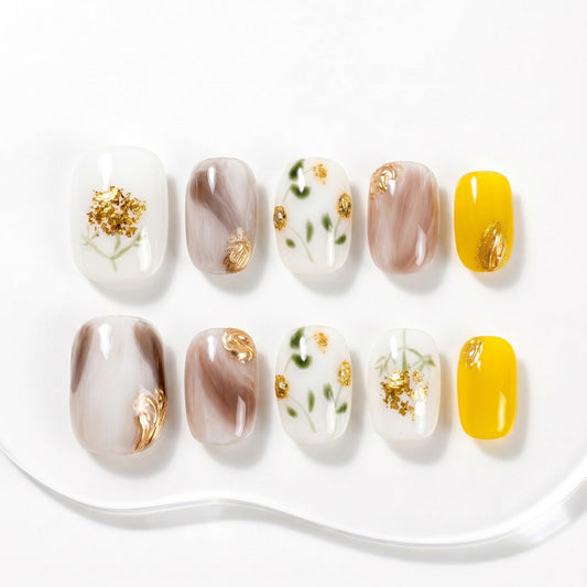 Sun&Beam Nails Handmade Press On Nail Short Round Hand-painted Golden Flowers Acrylic Fake Tip Design Art Charms Cute with Storage Box 10 Pcs (#005 M)