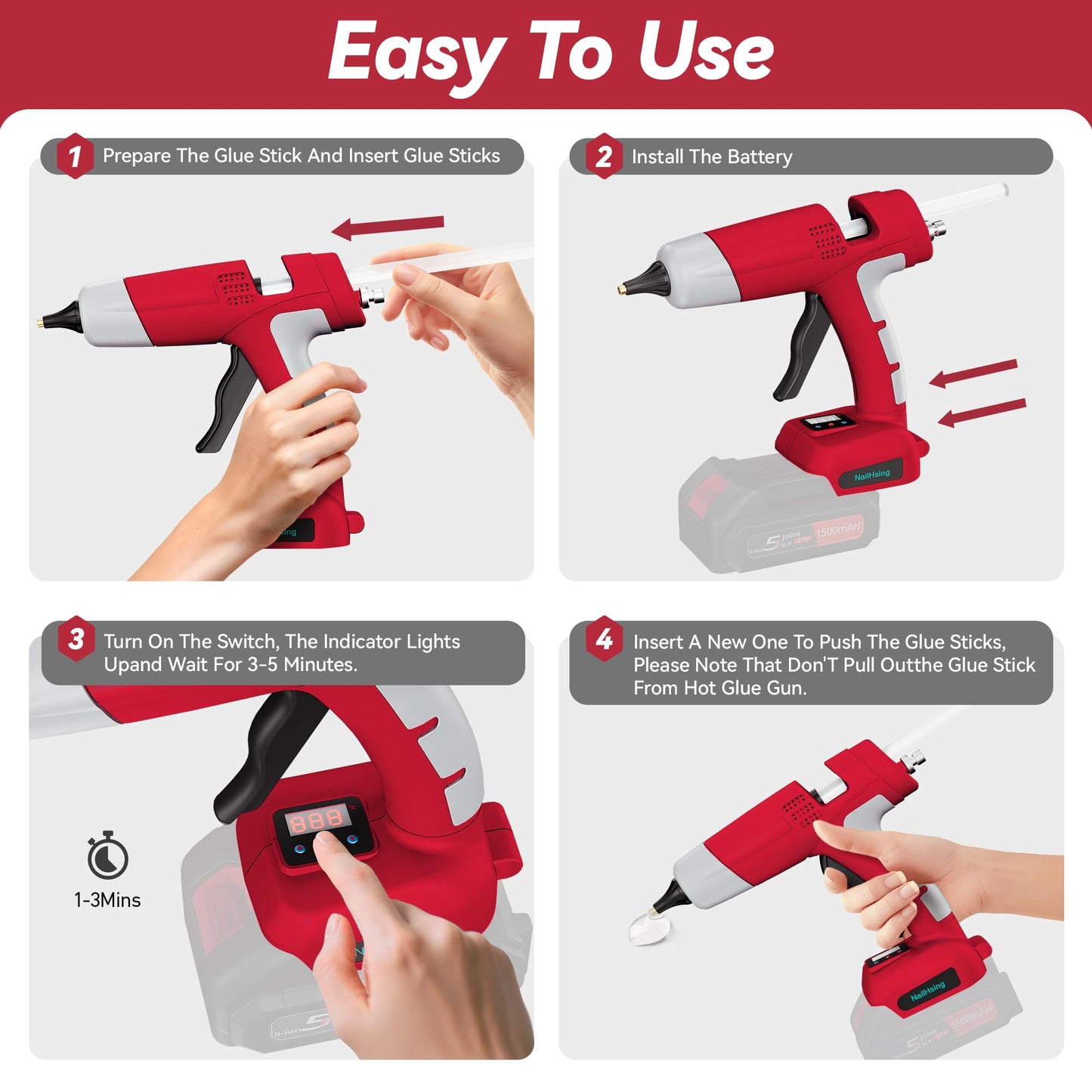NailHsing 18V Cordless Hot Glue Gun with Temp Adjust & LCD Digital Display Fast Preheating Hot Glue Gun Full Size with 30Pcs Premium Sticks for DIY Crafts, Repair and Construction (Tool Only)