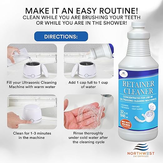 NORTHWEST ENTERPRISES Ultrasonic Retainer Cleaner Solution Concentrate - Denture Cleaner for Ultrasonic Machines - Cleans Mouthguards, Invisalign and Nightguards - Odor, Stain & Discoloration Remover