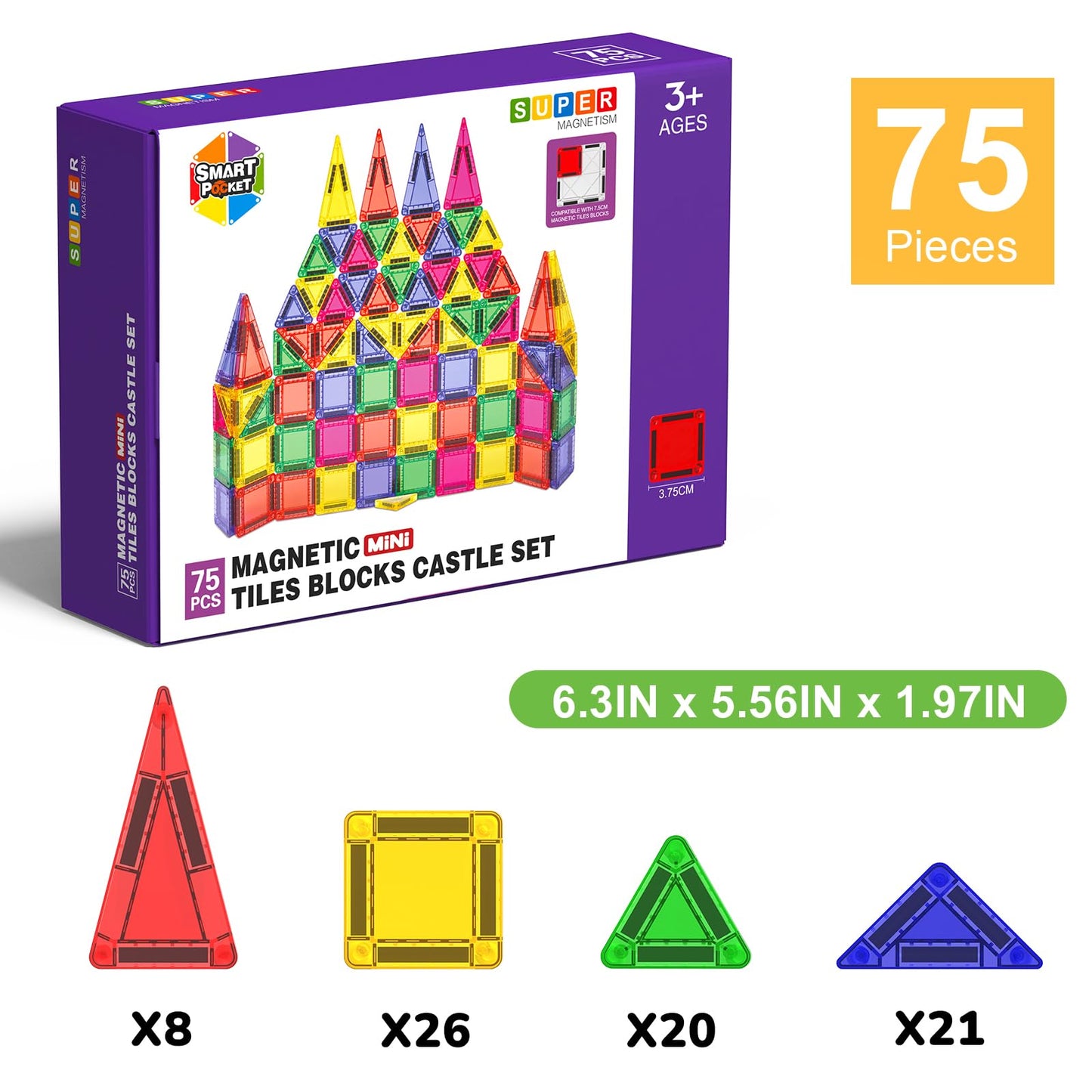 Mini Magnetic Tiles - 75 PCS Travel Magnetic Tiles, Micro Magnet Travel Toy for Kids Ages 3+, STEM Educational Building Set Construction Toys, Boys Girls Toddlers Birthdays Day Gifts