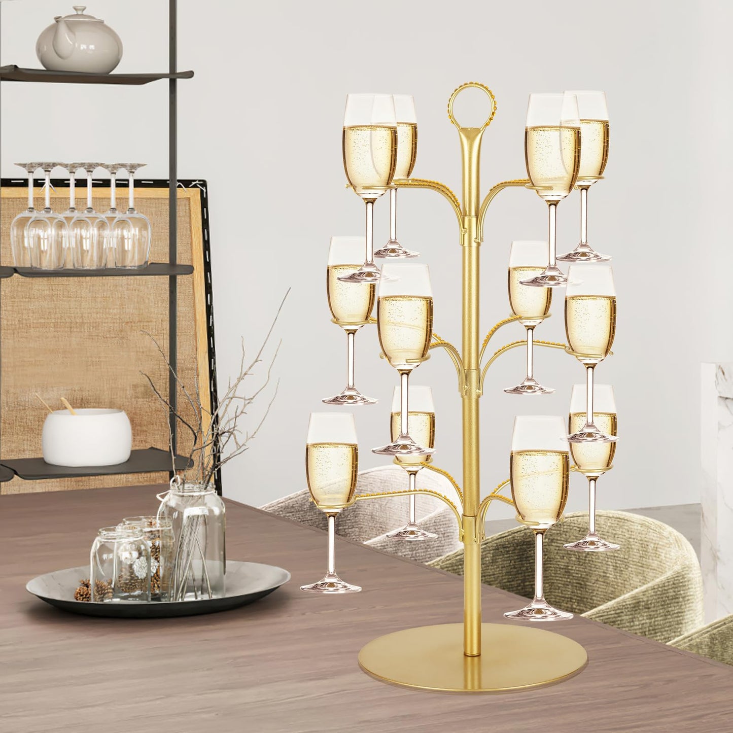 ALIMOTA Cocktail Tree Stand for Drinks Champagne Tower Wine Glasses Holder, 3 Tier 12 Holders, Bar Home Drinks Tree Display Suitable for Gin, Cocktails, Champagne, Wine