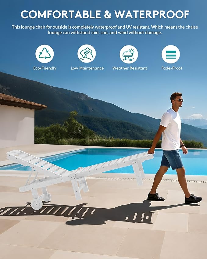 SERWALL Outdoor Chaise Lounge Chair, Pool Lounge Chair with 5 Positions Adjustable Backrest, HDPE Lounger with Rolling Wheels & Cup Holder for Poolside, Beach, Garden, White