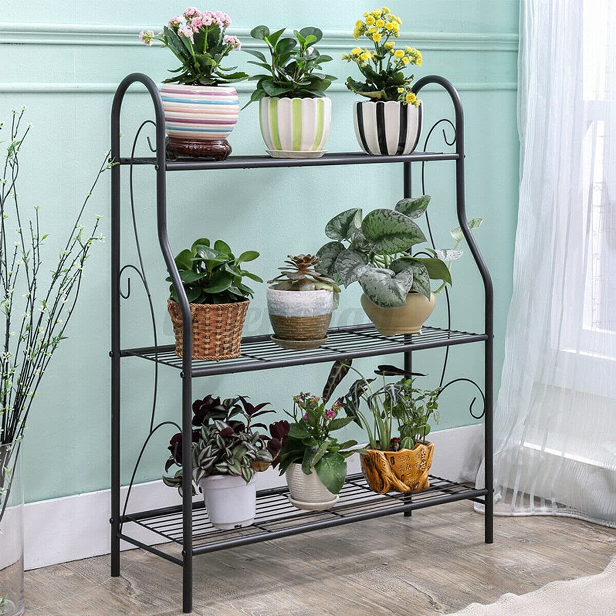 AngelcityCC 3 Tier Metal Plant Stand Scrollwork Design Indoor and Outdoor Flower Rack, Home Storage Organizer Shelf Black