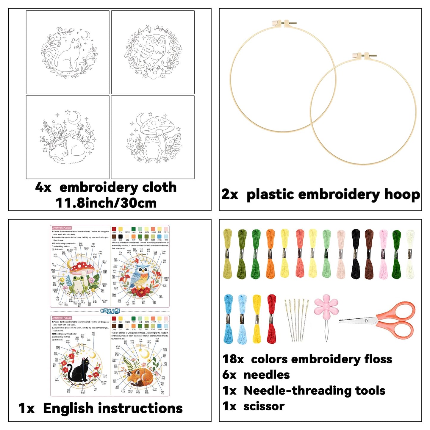 ORIGACH 4 Pack Animal Embroidery Kits Cat Frog Owl Fox Embroidery Sampler Kit Include Adjustable Hoops and Instruction Starter DIY Needlepoint for Adult Beginners
