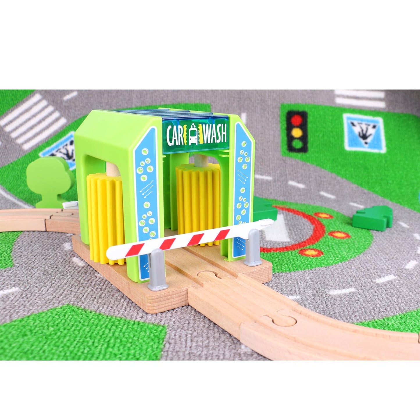 Wooden Car Wash Station with Train Truck,Expansion Pack Compatible with Railway Train Set,Wooden Toy Train Accessory for Kids Age 3 and Up