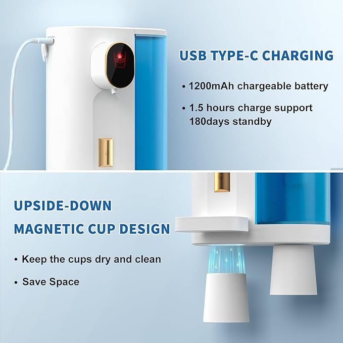 Automatic Mouthwash Dispenser for Bathroom: 20.3Oz Mouth Wash Dispenser with Magnetic Cup Holder, 4 Levels, Wall Mounted, Electric dispensador de enjuague bucal for Kids Adults, Bathroom Accessories