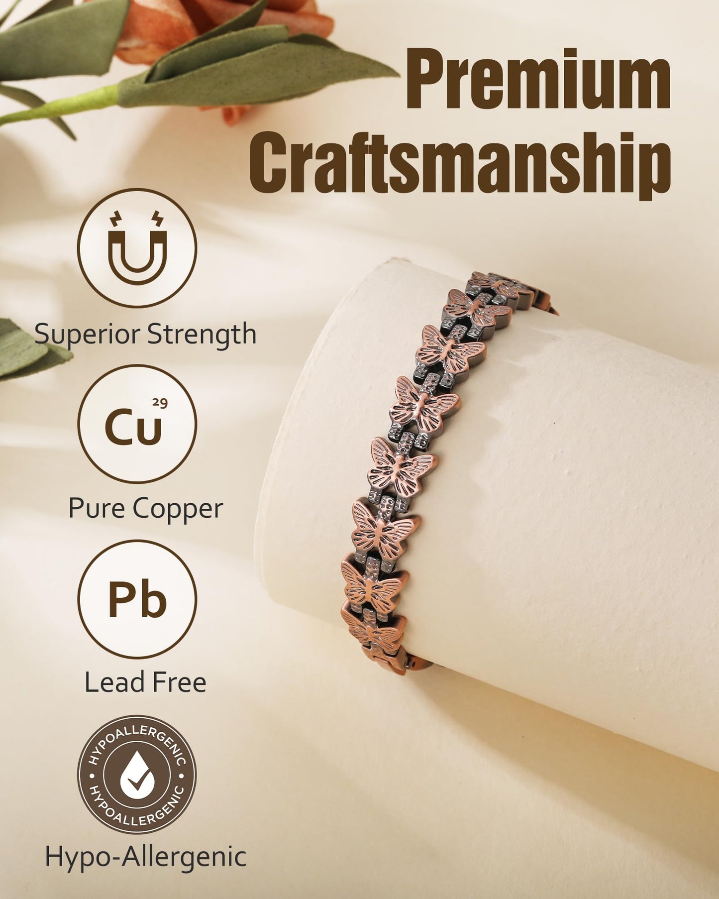 Jecanori Copper Magnetic Bracelets for Women, Pure Copper Bracelet with 3800 Gauss Ultra Magnets and Sizing Tool,Butterfly Elegance