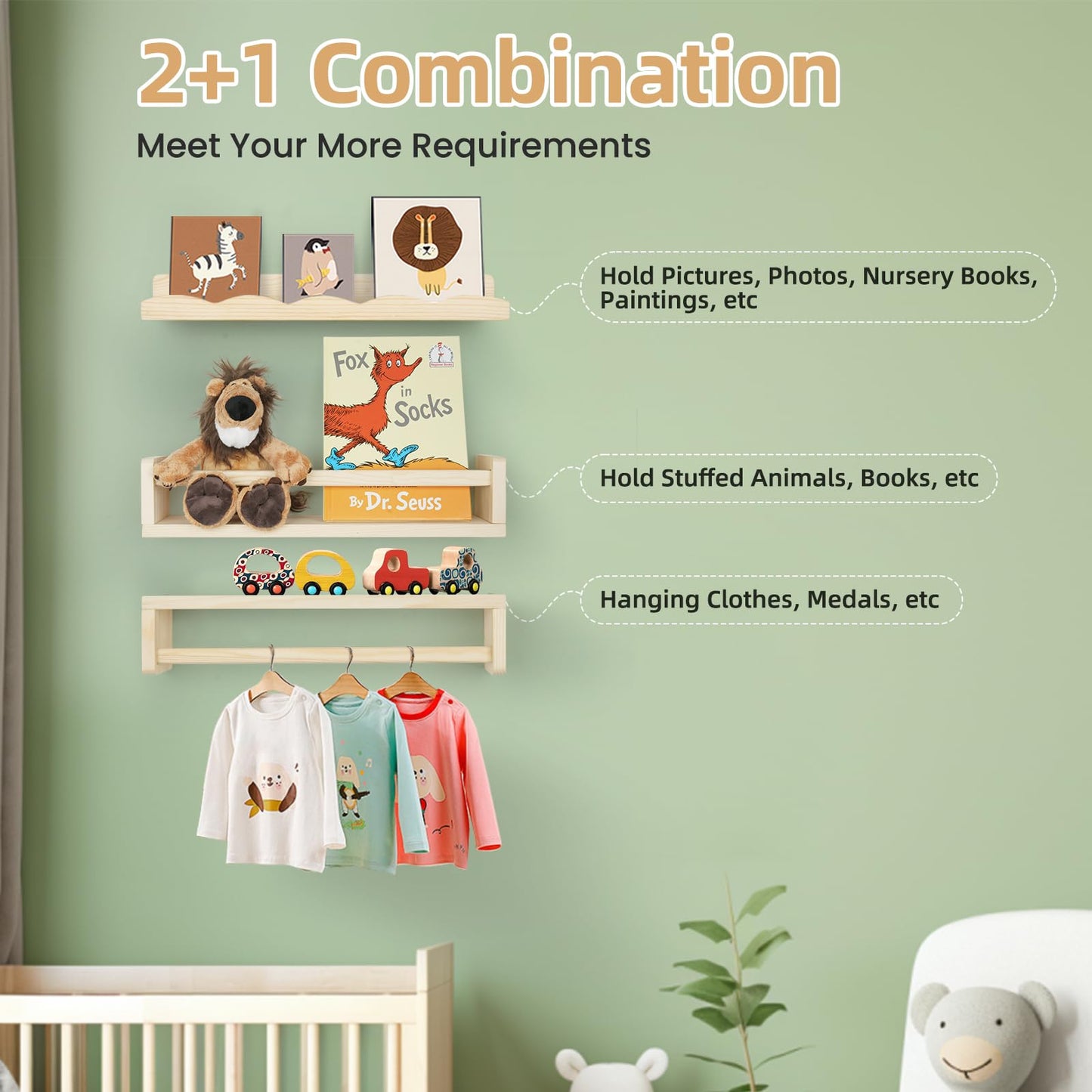 storenization Floating Book Shelves for Wall, 16.5" Natural Wood Nursery Shelves for Book Storage, Solid Pine Wooden Floating Wall Bookshelf for Bedroom Living Room, Set of 2+1, Unfurnished - DIY