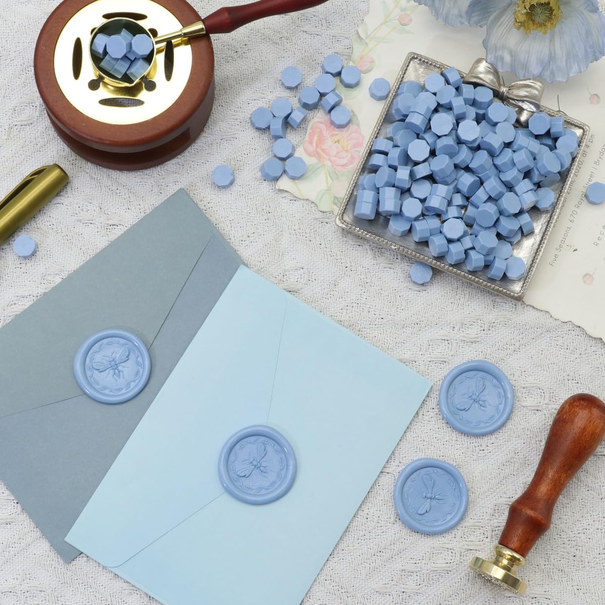 Wax Seal Beads 1500pcs (1.1lb), Premium Pearlescent Sealing Wax Pellets for Stamp Seals, Wedding Invitation, Letter Envelope, Thanks Card & Scrapbook DIY Crafts & Bridal Crafts (Dust Blue)
