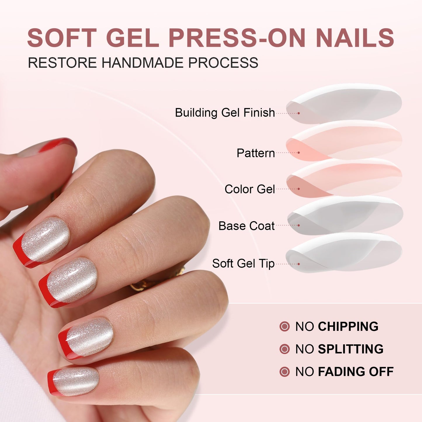 WAFOLOZE French Tip Press On Nails - Golden Cat's Eye Fake Nails with Red French Designs, Glue On Nails Short, Artificial Nails 16 Sizes - 32Pcs Reusable Soft Gel False Nails Tips Kit
