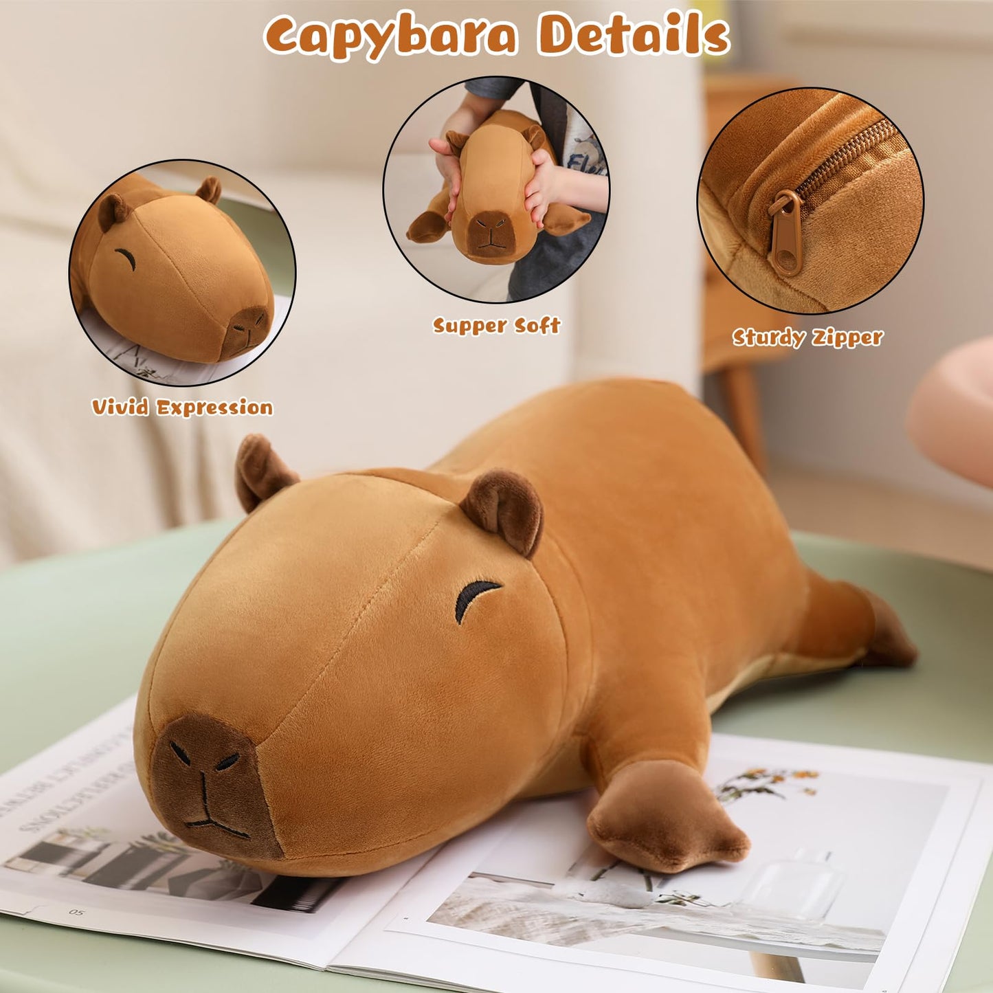 TOYSYM Capybara Plush Cute Capybara Stuffed Animal Pillow with 4 Baby Plushies in Her Tummy, Soft Cotton Stuffed Animals Toy Gifts for Kids