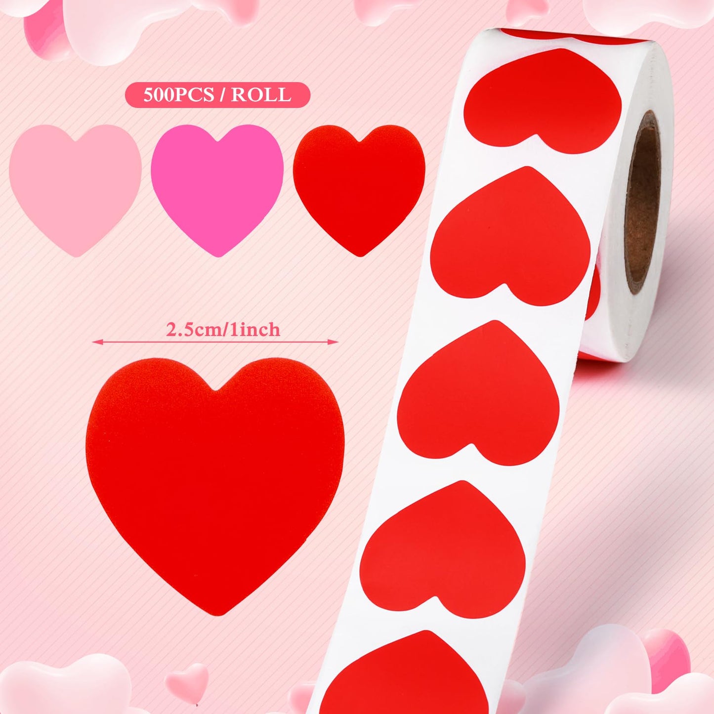 Chivertion 3 Roll 1500 Pcs Valentine's Day Stickers 1'' Heart Shaped Sticker Valentine's Day Love Decorations for Envelope Wedding Anniversaries(Red, Pink, Light Pink)