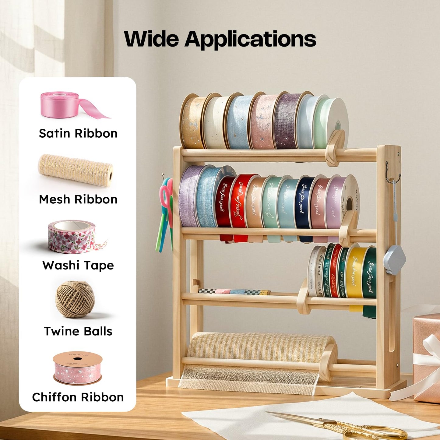 𝐂𝐫𝐚𝐟𝐢𝐭 Ribbon Storage Rack, 4-Tier Ribbon Organizer Spool Holder Dispenser, Display Sewing Thread Mesh Ribbon Wreath Washi Tape for Craft Room Shops Boutiques Florist Gift Wrapping
