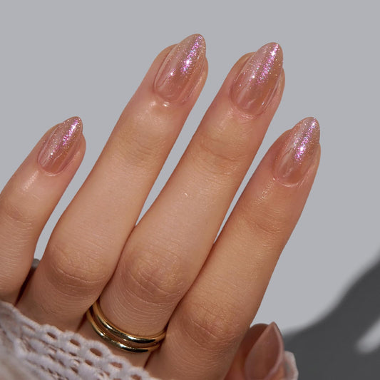 BTArtbox Press On Nails Short - Champagne Mood, Easy-to-Apply Chrome Nude Almond Press On Nails with Glue and Adhesive Tabs in 16 Sizes - 32 Nails All-in-One Kit
