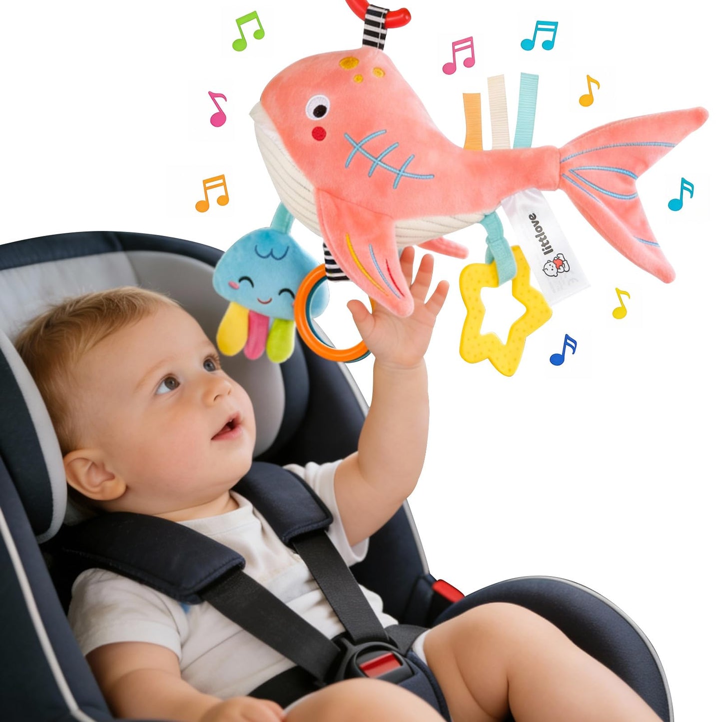 Pull Musical Toys for Car Seat 6-12 Months, Travel Sensory Toy 3-6 Months, Montessori Plush Toys for Roadtrip with Teether Crinkle Textures Clackers Squeaky Pulling Cords Newborn Infant Valentine Gift