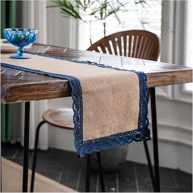 Natural Jute Table Runner, Burlap Style Table Runner, Rustic Farmhouse Table Runner Country Vintage for Wedding, Party Table Decorations, Boho Décor Jute Navy Blue Lace Edge 12x55 inch TAB28