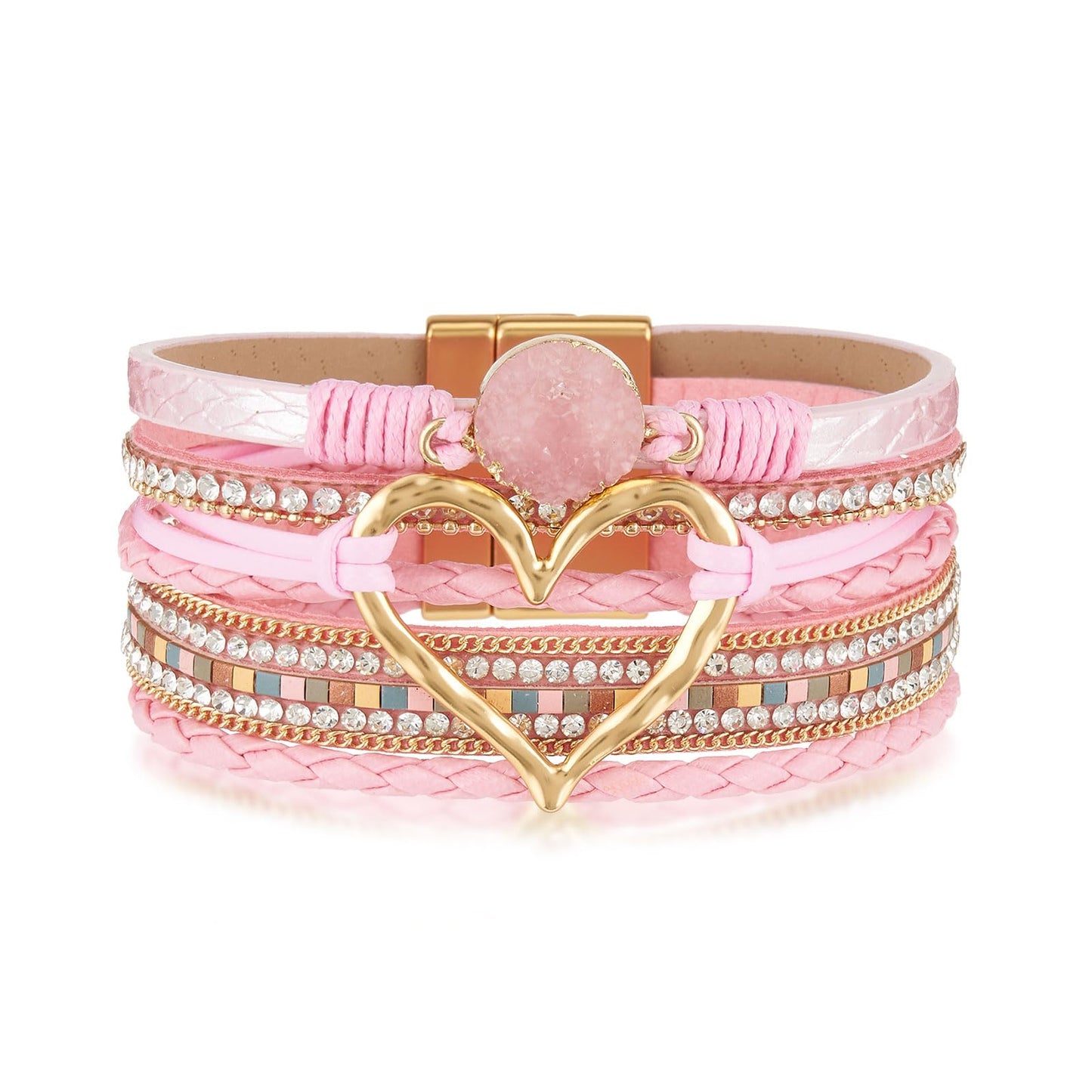 QIUTIMIY Leather Bracelets for Women Trendy Boho Cuff Bracelet Layered Bangle with Clasp Hand Wrist Jewelry Western(Style 6-Pink)