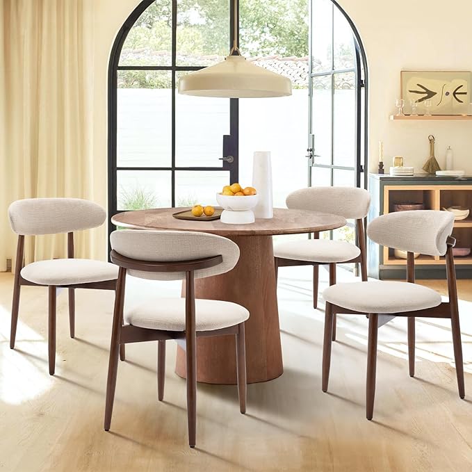 COLAMY Wooden Dining Chairs Set of 6, Modern Upholstered Fabric Dining Room Chair, Farmhouse Kitchen Side Chairs with Foot Pegs, Beige