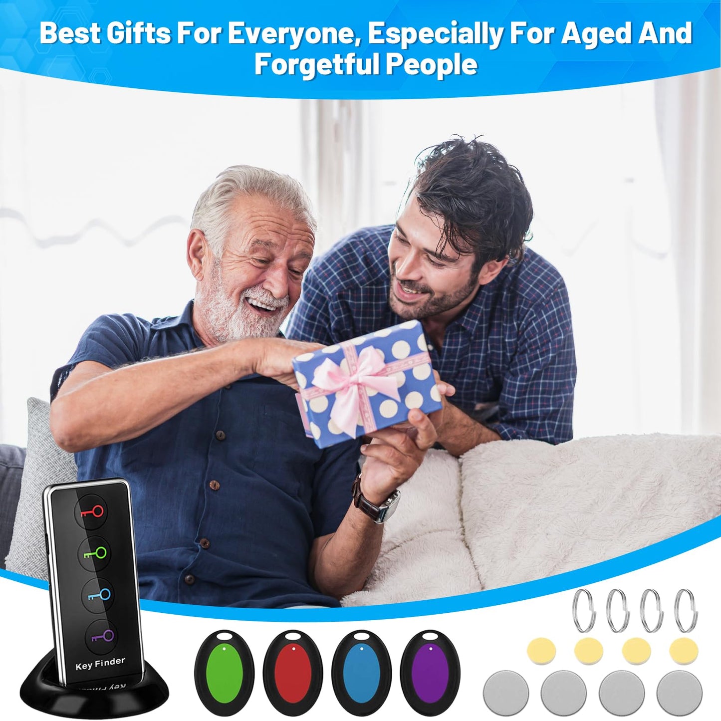 Key Finder Wireless RF Locator with 80dB+ Loud Beep & LED Light, 131ft Range, No App Needed, 1 RF Transmitter & 4 Receivers, Item Tracker for Keys, TV Remote, Wallet, Pet, and Glasses
