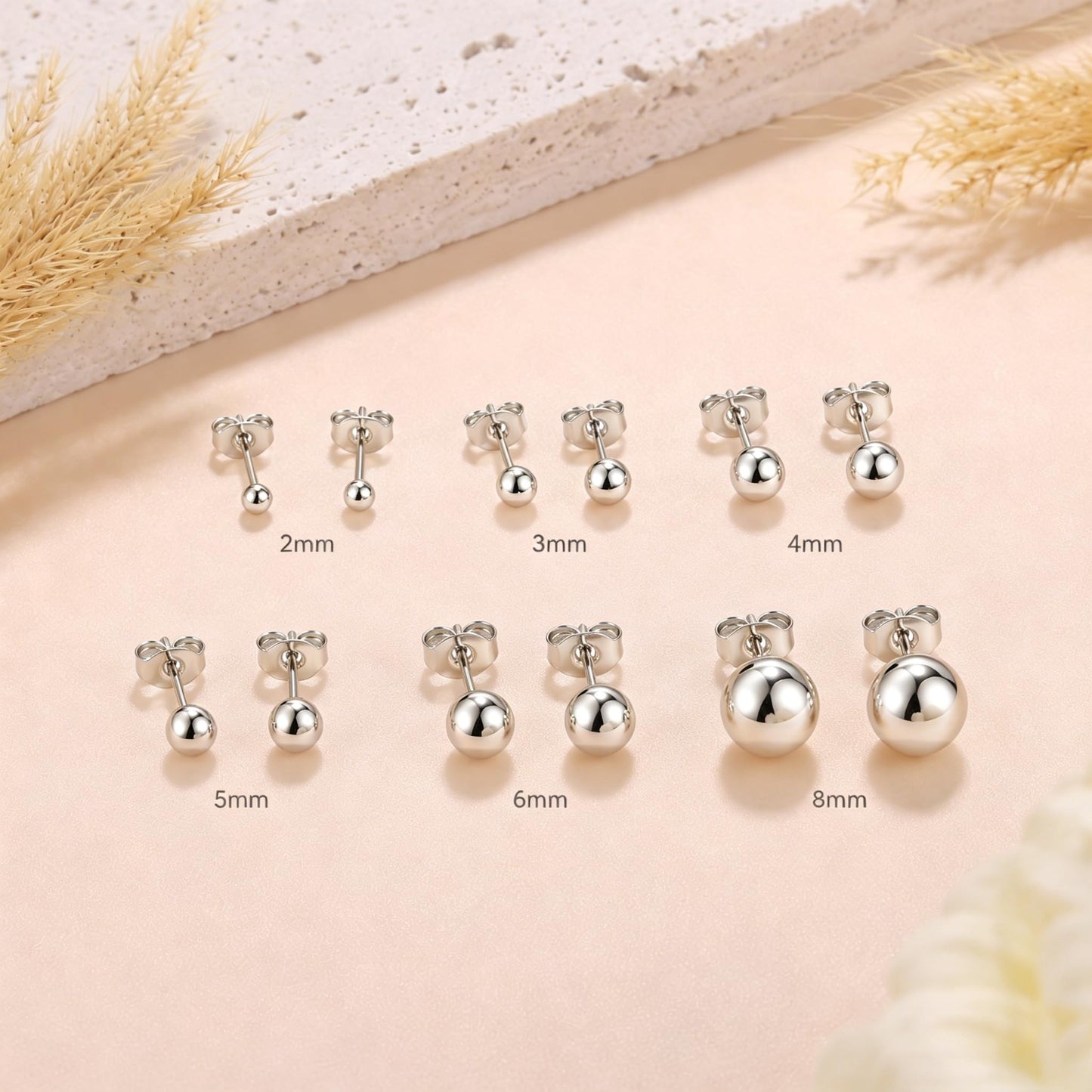 6 Pairs Stainless Steel Ball Stud Earrings Set for Women Men, Hypoallergenic Tiny Round Stud Earrings Multipack, 20G Small Silver Ball Earrings for Multiple Piercings Cartilage Earlobe, 2/3/4/5/6/8mm
