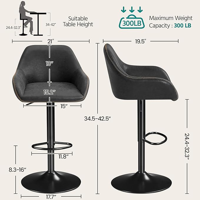 Yaheetech Bar Stools Set of 2, PU Leather Swivel Counter Height Barstools, Adjustable Bar Chairs with Backrest and Footrest, Kitchen Island Stool for Home Kitchen, Black