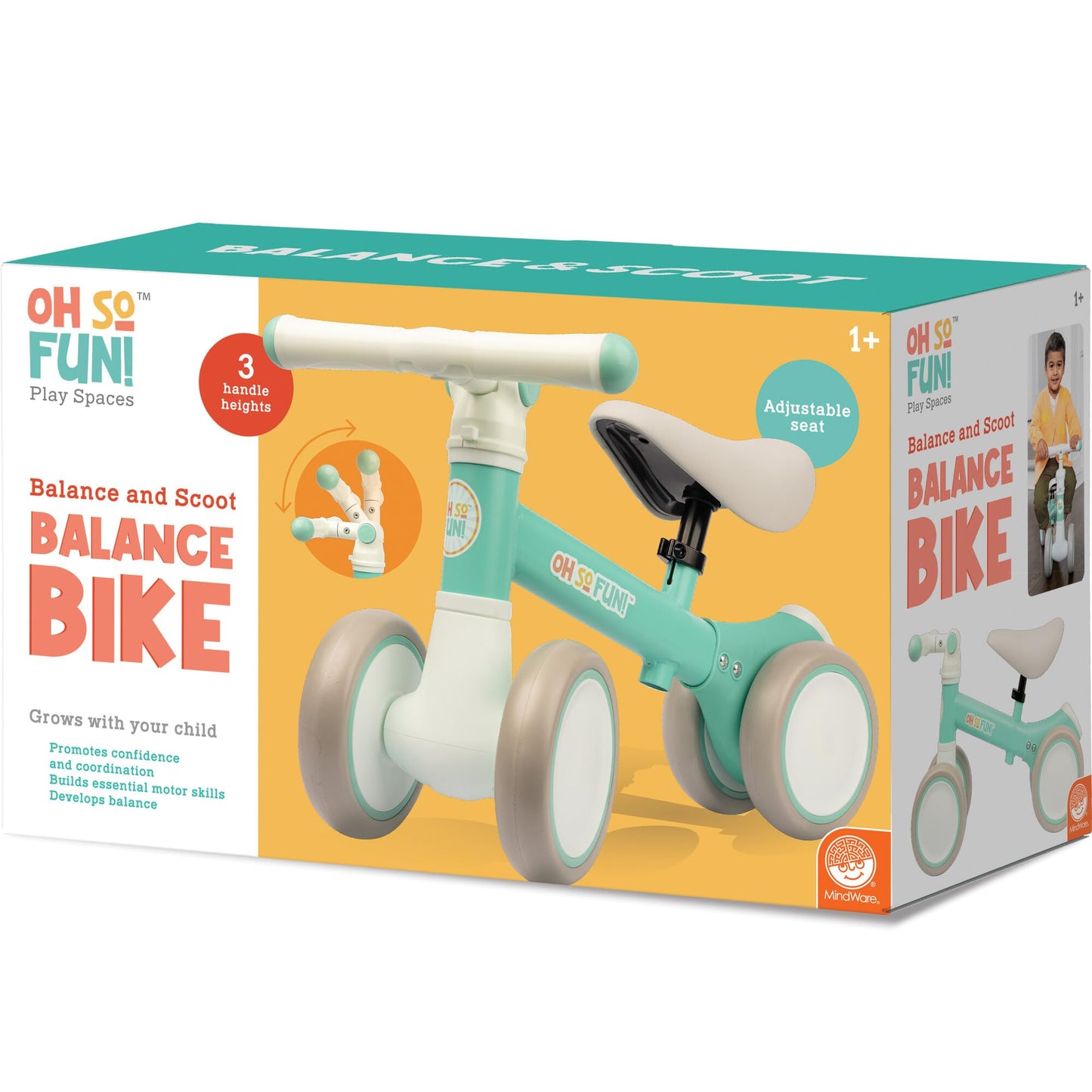 MindWare Balance Bike 1+ Year Old Baby First Bicycle for Toddlers 1-2 First Birthday Gift Ideas Interactive Montessori Ride On Toy - Oh So Fun Teal