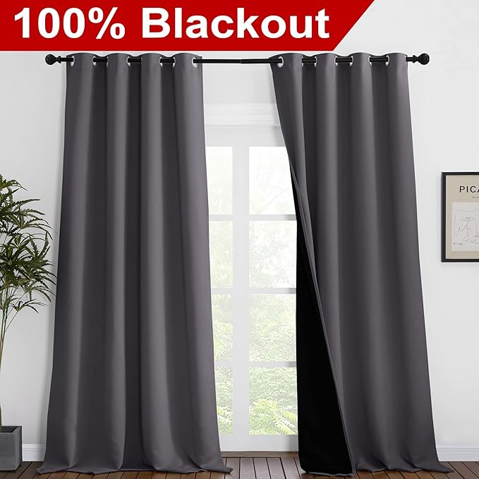 NICETOWN Total Shade Curtains and Draperies, Heavy-Duty Full Light Shading Drapes with Black Liner Backing for Villa/Hall/Dorm Window（Gray, Package of 2 Panels, 55 inches Wide x 96 inches Long