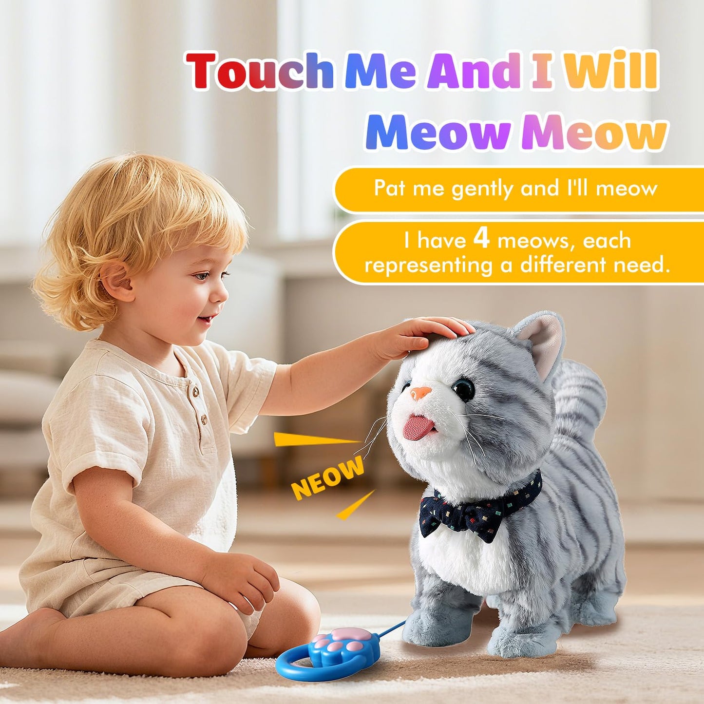 Gray Walking Cat Toy for Girls Kittens Interactive Talking Cat Meows Singing Dancing Mimicking Kitty Toys Set for Baby with Leash Plush Electronic Robot Kitties for Kids Toddlers