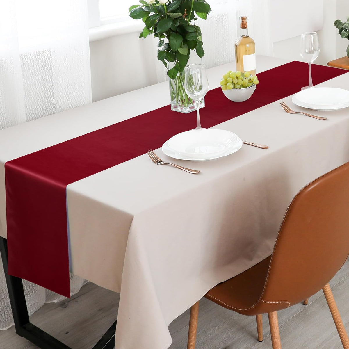 Aneco 12 Pack Satin Table Runner 12 x 108 Inch Burgundy Long Wedding Satin Silk Table Runner for Wedding Banquet Graduations Birthday Party Decoration