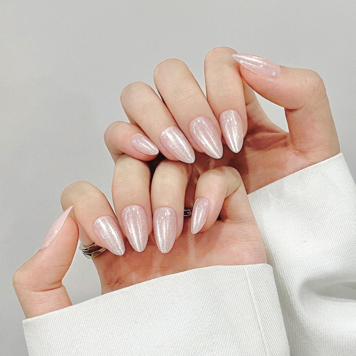 Almond Cat Eyes Press On Nails,12 Sizes - 24 Pcs Soft Gel White Medium Fake Nails Kit with Nail Glue, Natural Reusable Stick On False Nails for Women and Girls (Skycloud Moonlight) SK0764