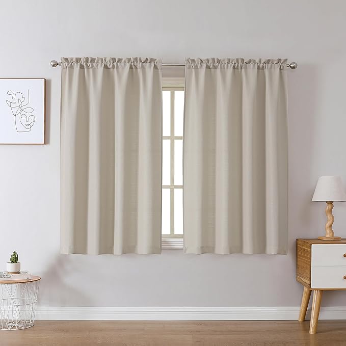 Chyhomenyc Curtains 45 Inch Length 2 Panels, Faux Linen Textured Semi Light Filtering Soft Airy Rod Pocket Window Treatment Drapes for Living Room Bedroom, Each 30 Wx45 L, Moon Beige