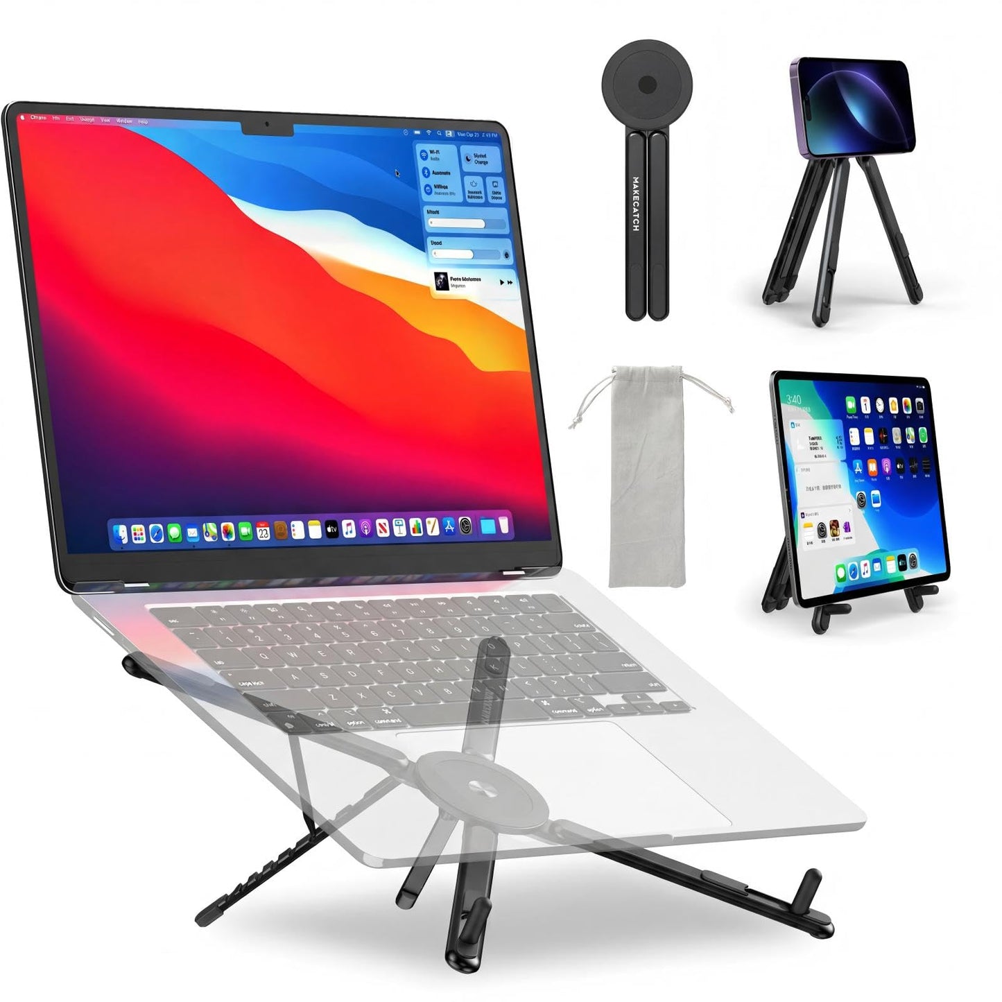 Adjustable Laptop Stand for Desk with Magnetic Phone Holder, MagSafe Compatible Portable Foldable Computer Riser for MacBook, iPhone, iPad, Tablet - Perfect for Office, Home, Traveling (black)