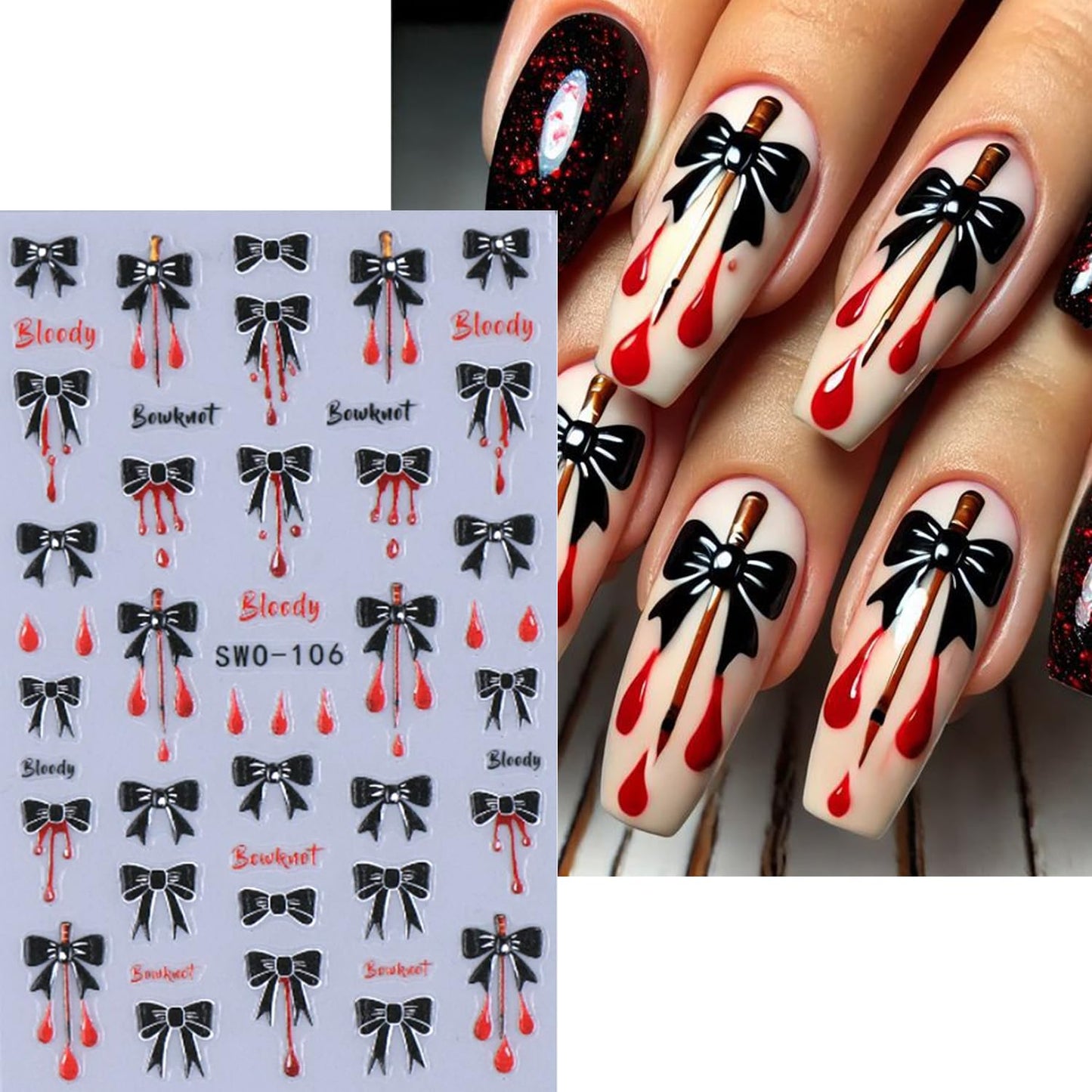 2Sheets Halloween Nail Art Stickers 3D Embossed Black Bow Spider Web Nail Decals with Rhinestones Design Nail Sticker Self Adhesive Bows Blood Drop Textured Nail Decal for Women DIY Nails Decor Supply