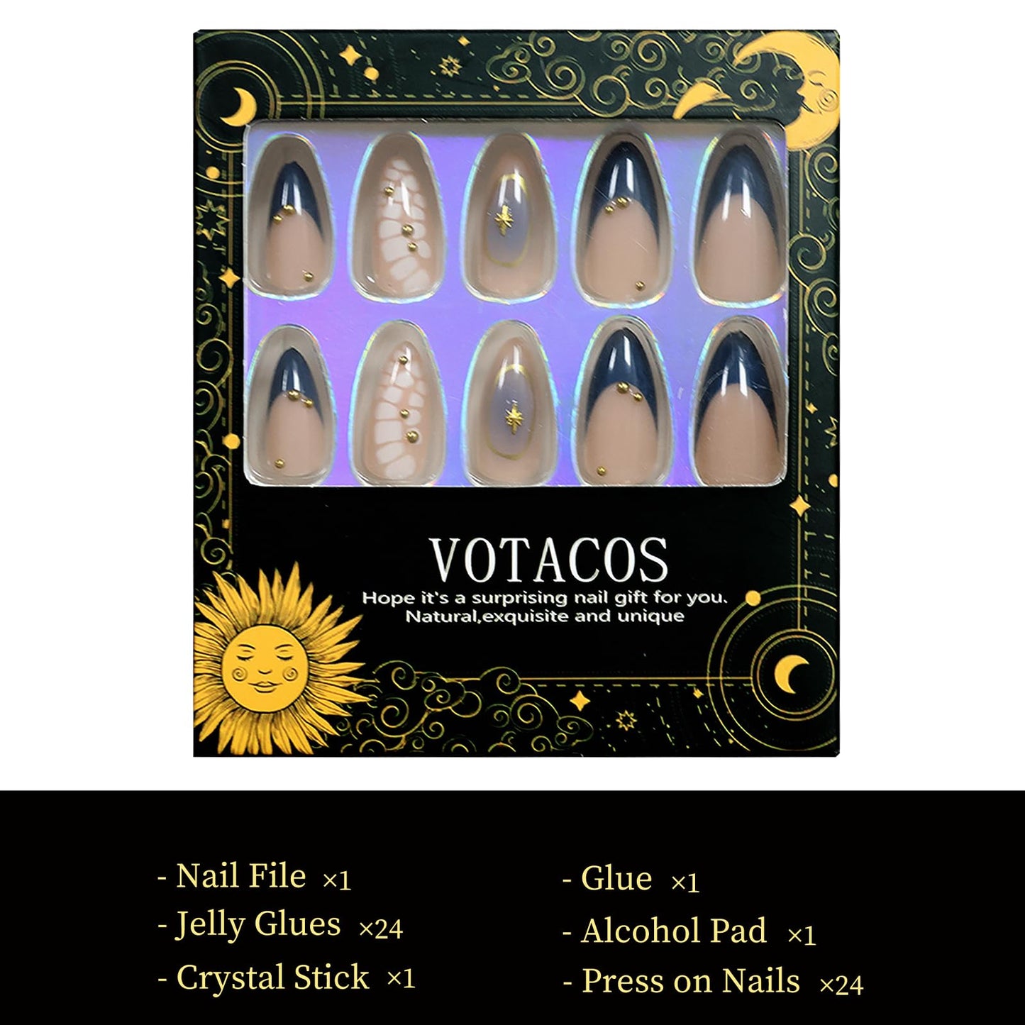 VOTACOS 24PCS Dark Blue French Tip Press on Nails Almond Medium Nude Acrylic Fake Nails Press Ons with Designs Golden Bead Star Glue on Nail for Women Blush Reusable Artificial Stick on False Nail