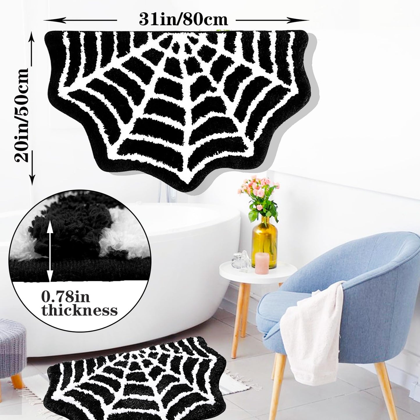 Spider Web Bath Mat,31x20 Inch Halloween Bathing Non-Slip Rug Spiderweb Gothic Area Goth Carpet for Front Door,Kitchen,Living Room,Bedroom,Machine Washable Update