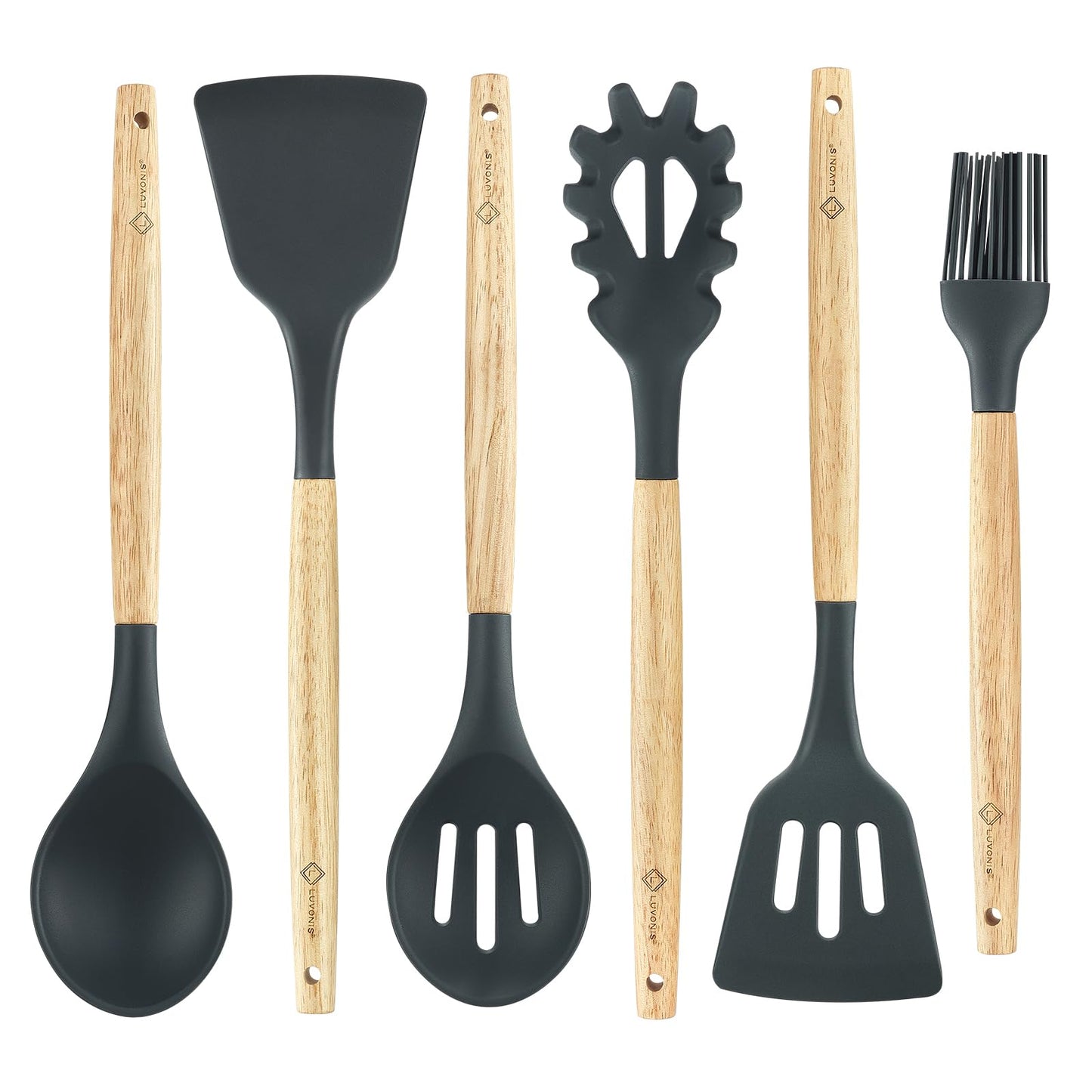 Kitchen Utensils Set 6 PCS, Non-Toxic Cooking Utensils with Heat-Resistant Silicone Spatula, Large Serving & Slotted Spoon, Flexible Spatulas, Brush and Spaghetti Rake - Ideal Starter Set