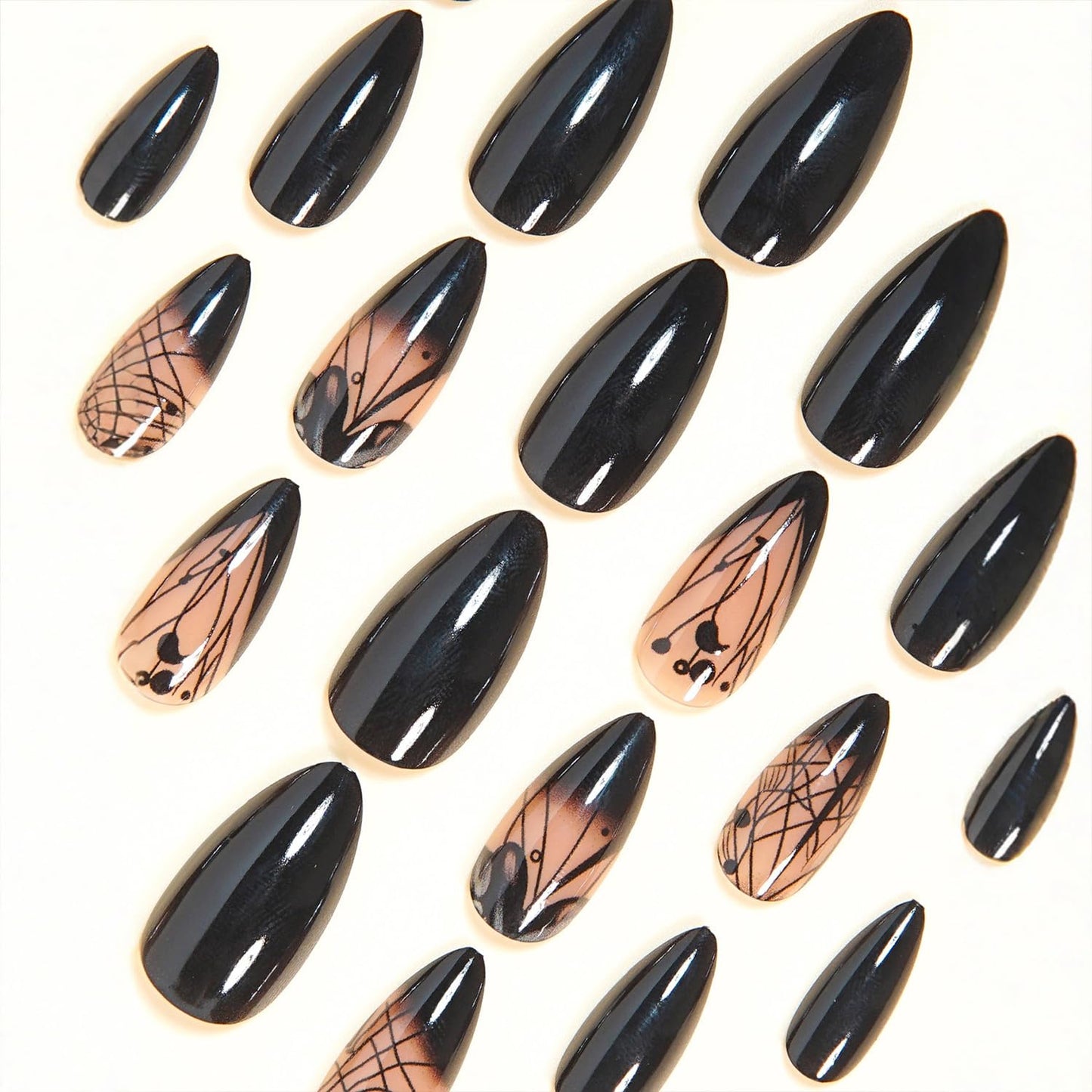 Black Gradient French Tip Press on Nails Medium Almond Fake Nails Irregular Lines Acrylic Glue on Nail Glossy Full Cover False Nail for Women