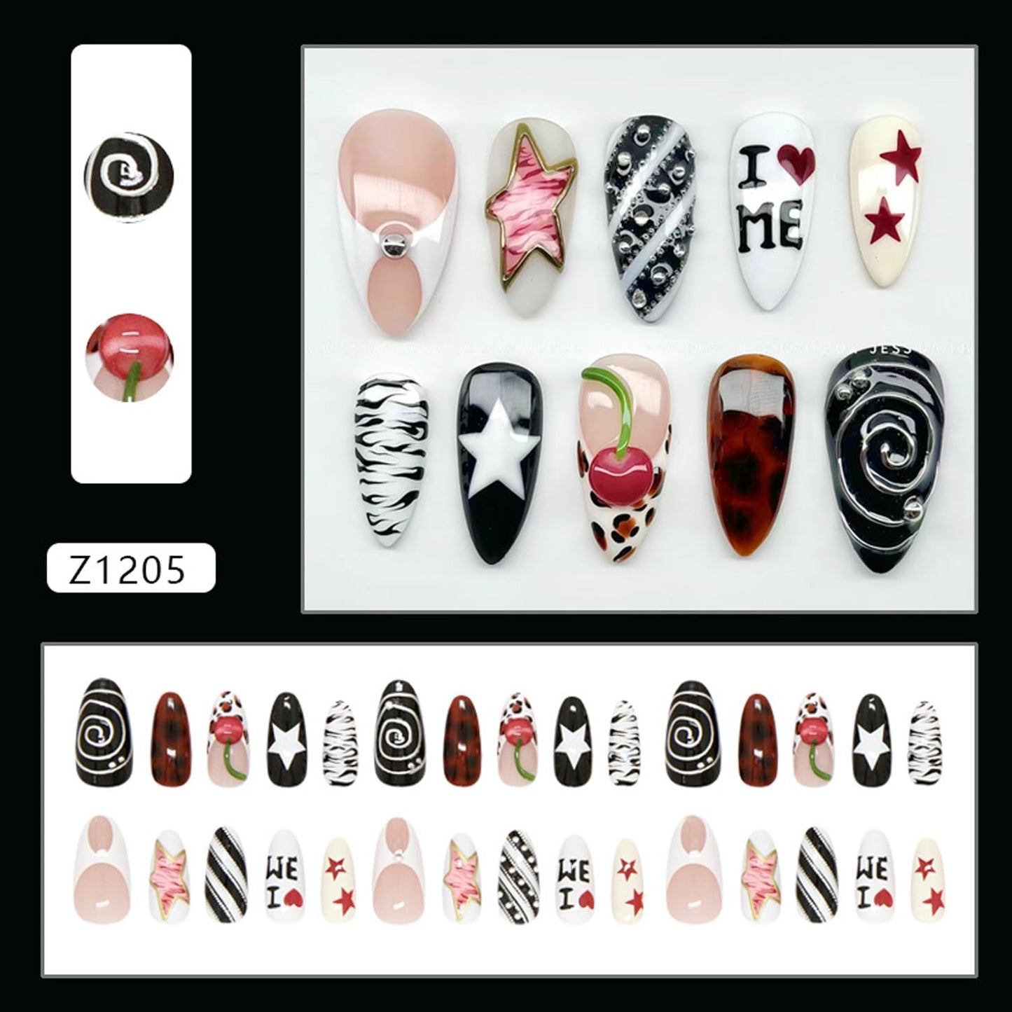 30Pcs Medium Almond Press on Nails Leopard French Fake Nails Heart Cherry False Nails Zebra Stripes Acrylic Stick on Nails Black Stripe Full Cover Y2K Star Glossy Gel Artificial Glue on Nail for Women