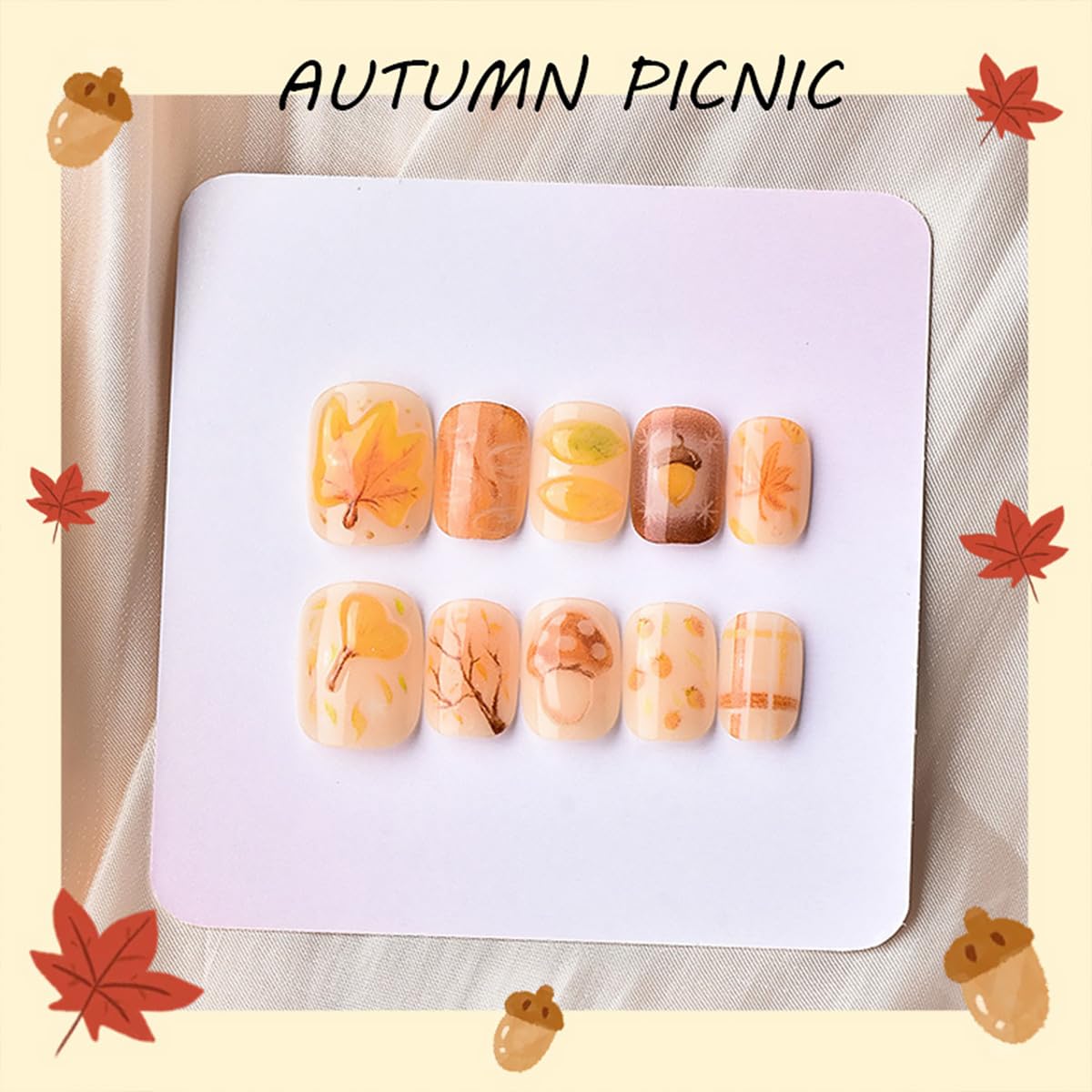 30Pcs Fall Press on Nails Short Square Fake Nails with 3D Maple Leaf Mushroom Design Pinecone Fallen Leaves False Nails Thanksgiving Glossy Glue on Nails Full Cover Artificial Stick on Nail for Women