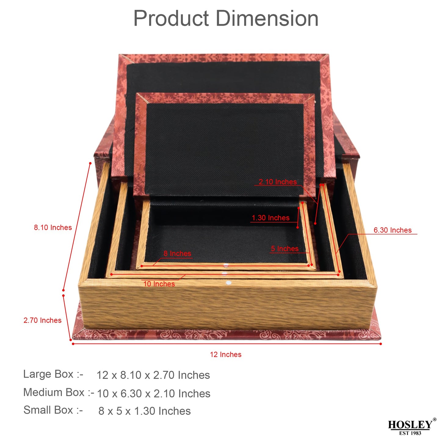 Hosley Farmhouse Memory Book Boxes Set of 3, Red Brown & Gold, Decorative Nesting Storage Boxes 12 10 8 Inch, Faux Leather Keepsake Photo Jewelry Box for Wedding Gift
