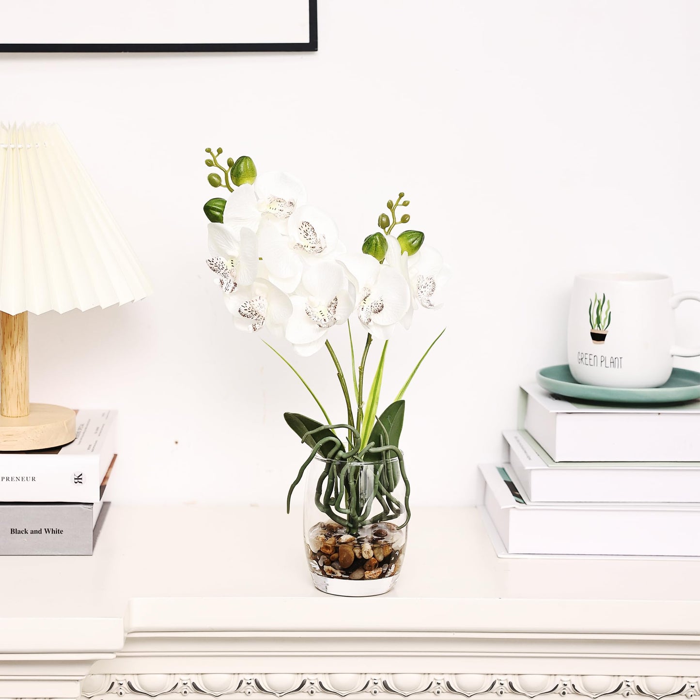 Jusdreen White Orchid Centerpiece in Glass Vase, 14.5 Inch Artificial Phalaenopsis with Potting for Home Office Decor, Table Centerpiece