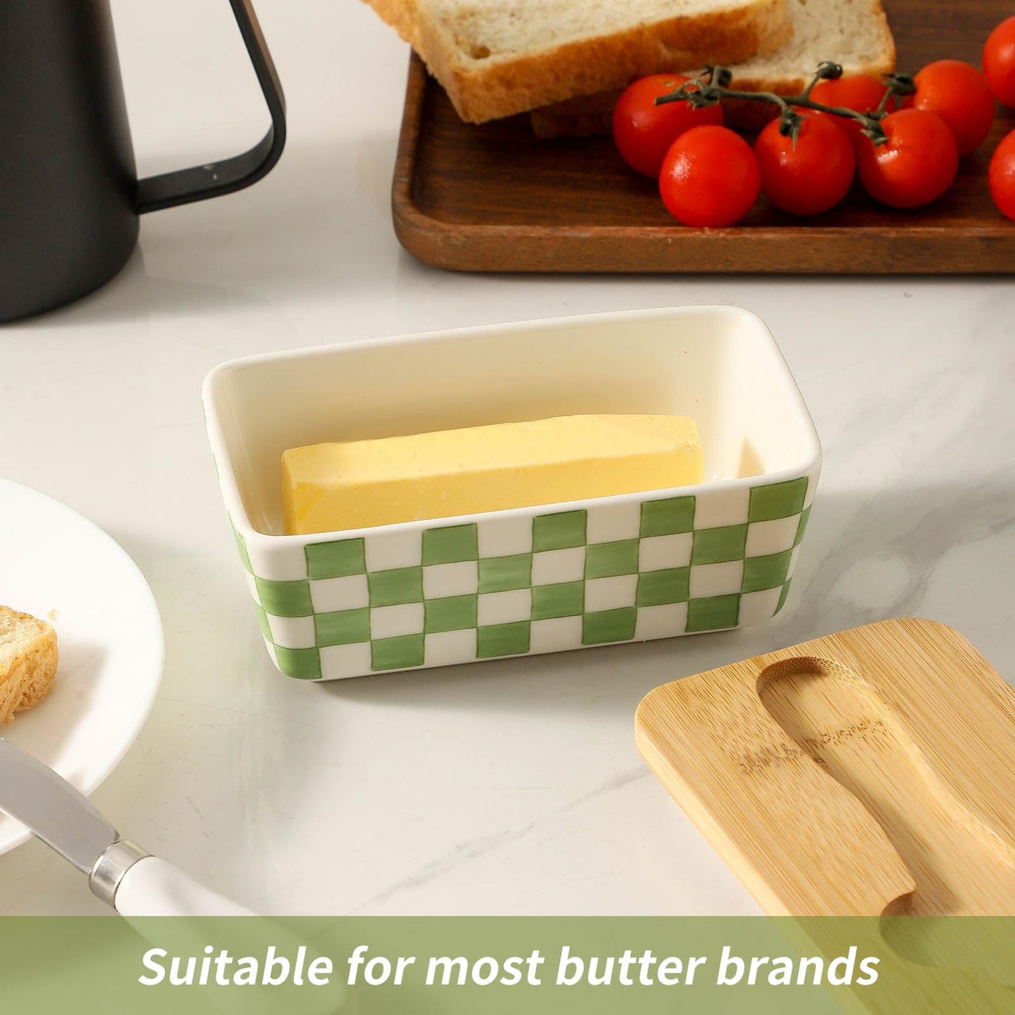 Howise Butter Dish with Lid, Large Butter Dish for Countertop, Ceramic Butter Keeper Container with Knife and Silicone Sealing Butter Box for Home Decor Good Kitchen Gift Green