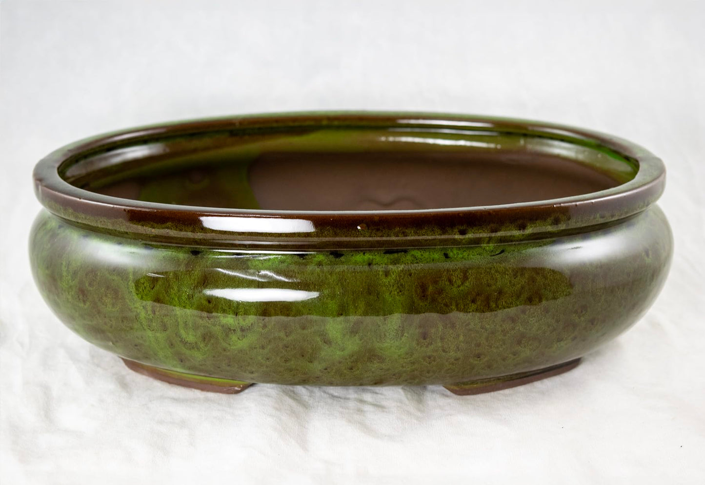 Yubonzai Oval Glazed Bonsai Pot, Cactus & Succulent Planter + Mesh, Outside Dimension 12"x 8.5"x 3.75" - Moss Green (638-12MG)