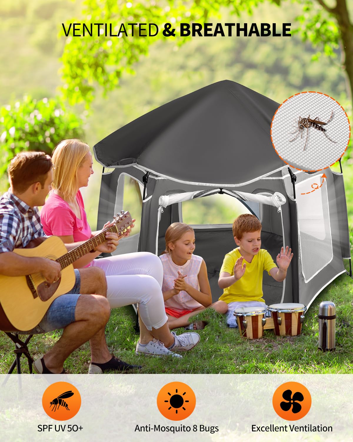 Pop-Up Portable Baby Playpen with UV Canopy, Waterproof Outdoor & Indoor Play Tent, Breathable Mesh Sides, Quick Setup Folding Baby Play Yard with Carry Bag & Stakes 59"