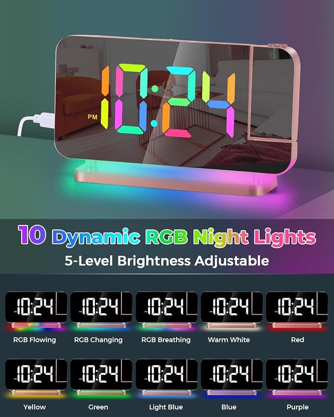 SZELAM Projection Alarm Clock,7.4 in LED Mirror Digital Clocks Projection on Ceiling Wall,with RGB Night Light,USB C Charging Port,Auto Dimming,Modern Desk Clock for Bedroom Decor - Rose Gold