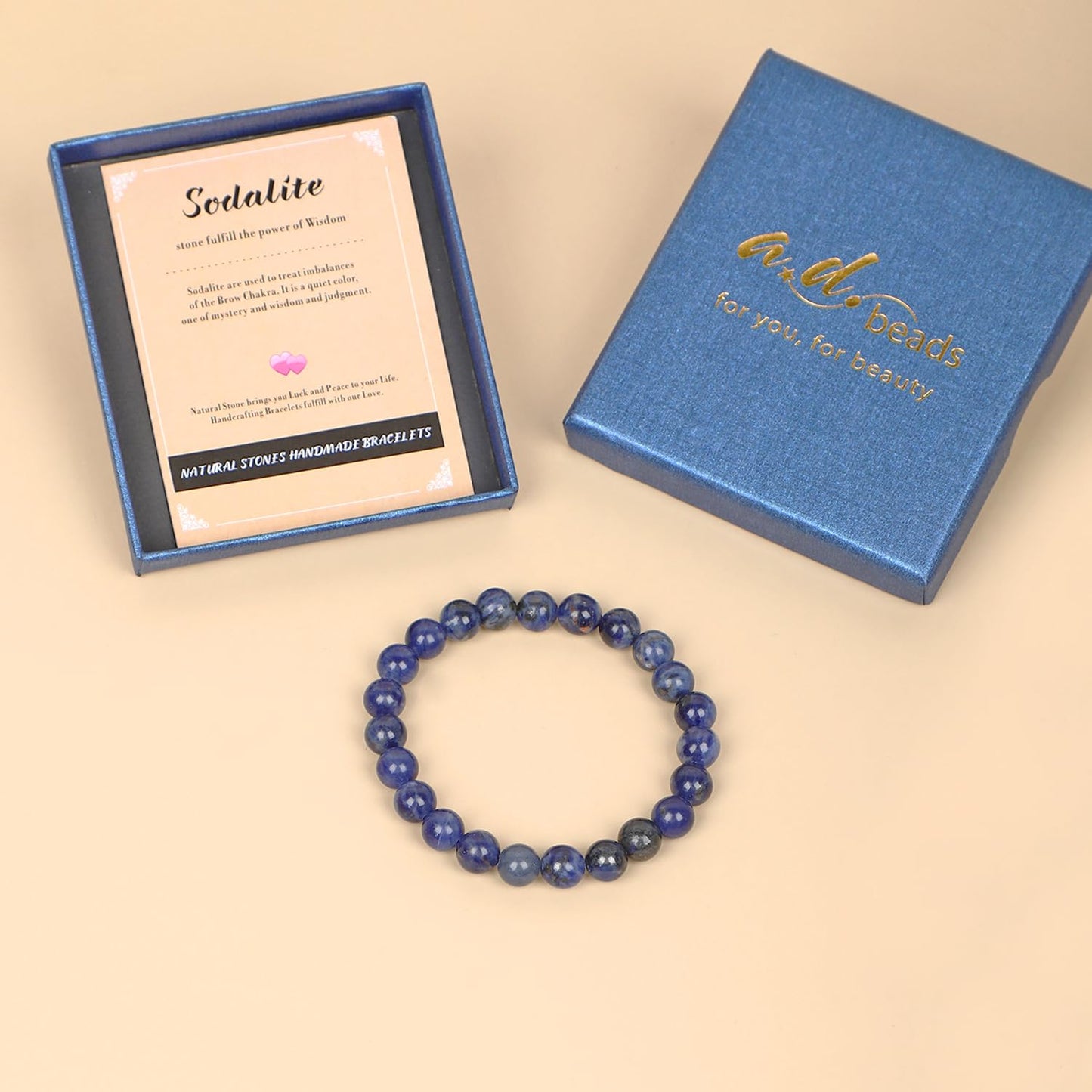 AD Beads Handmade Gemstone Stretch Elastic Bracelet Crystal Healing Reiki Nature's Beauty and Spiritual Essence Unisex (8mm, Blue Sodalite)