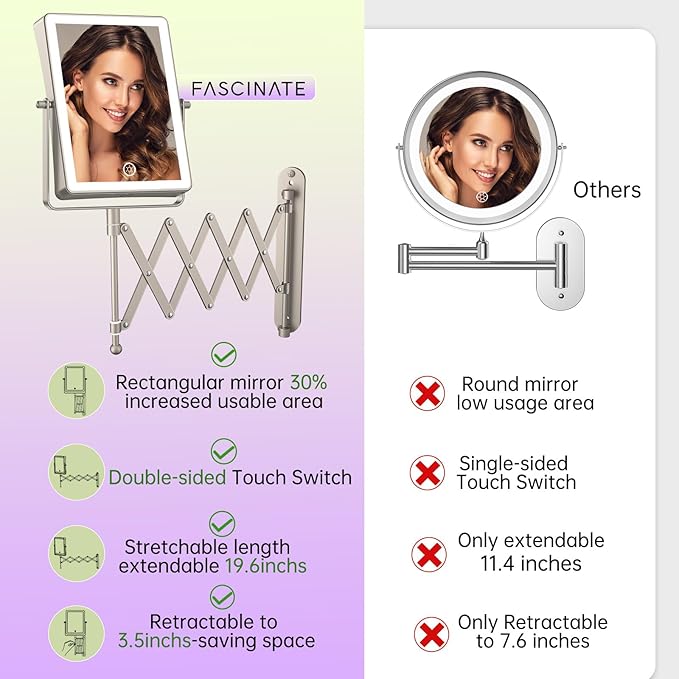 FASCINATE Rechargeable Wall Mounted Makeup Mirror with Lights, 8.7 Inch Double Sided Touch Switch 1X 30X Magnifying Bathroom Mirror, 3 Color Lights Touch Dimmable Extended Arm 360°Rotation (Nickel)